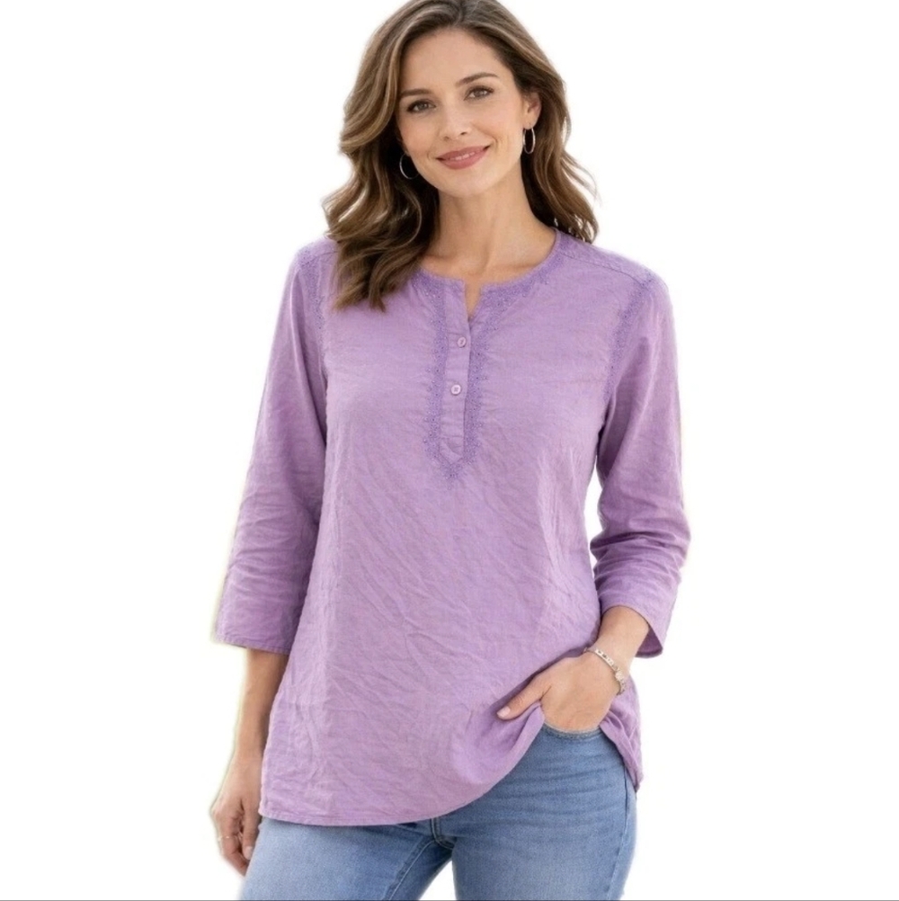 Liz Claiborne Women's Silk Beaded Blouse Large Lilac Purple Artsy Cottage Spring